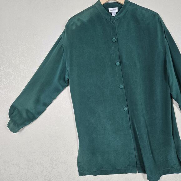 Neiman Marcus 100% Silk Tunic Top sz 10* Green Button Front Holiday Oversized - Picture 7 of 16